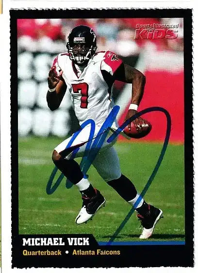 Michael Vick autographed SI for Kids card - quarterback for the Atlanta Falcons, signed in blue Sharpie