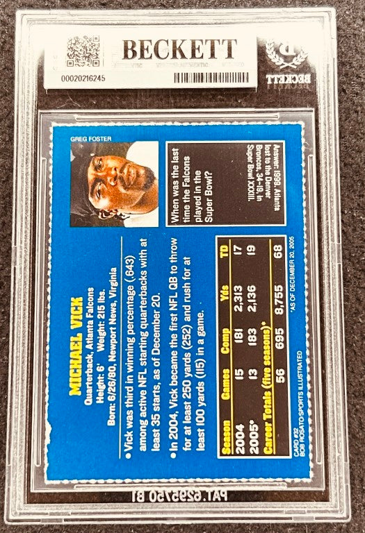 Michael Vick autographed NFL trading card, graded by Beckett, featuring career stats and Falcons details