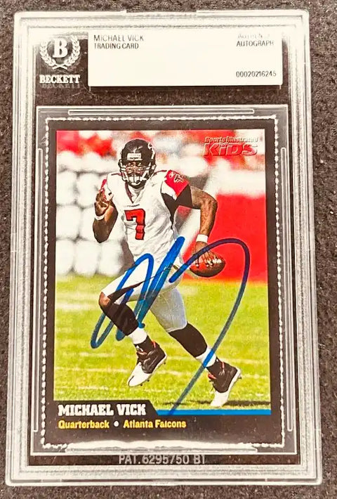 Michael Vick autographed Atlanta Falcons trading card, Beckett authenticated, Sports Illustrated Kids