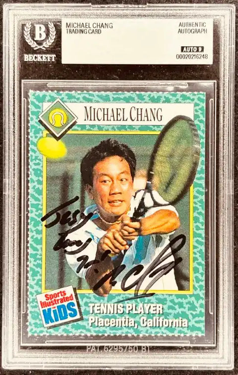 Michael Chang autographed tennis trading card, Sports Illustrated Kids, Beckett authenticated