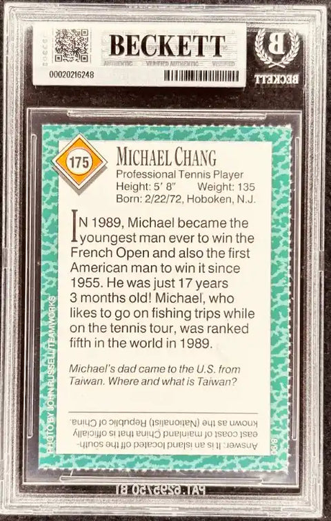 Michael Chang tennis card, Beckett graded, 1989 French Open champion, authentic signed memorabilia
