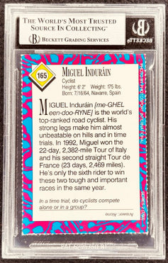 Miguel Indurain cycling card, Beckett graded, vibrant pink-blue border, authentic sports memorabilia