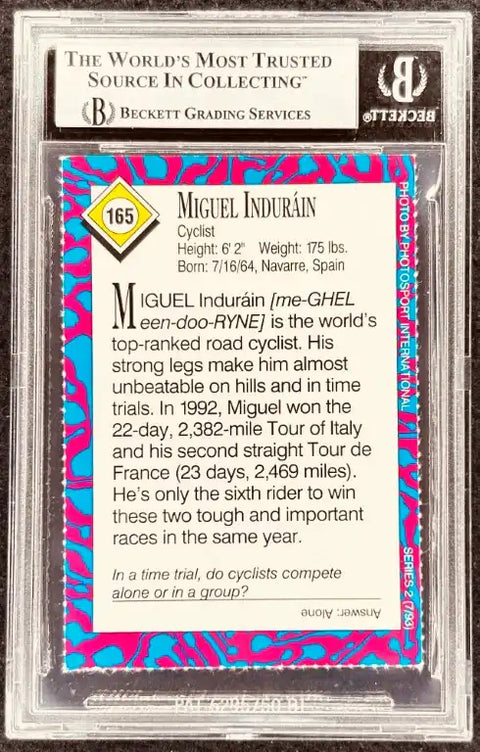 Miguel Indurain cycling card, Beckett graded, vibrant pink-blue border, authentic sports memorabilia
