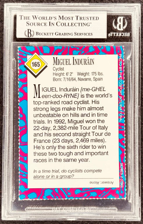Miguel Indurain cycling card, Beckett graded, vibrant pink-blue border, authentic sports memorabilia