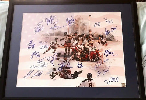 1980 Miracle on Ice FULL TEAM signed 16x20 photo framed (Leaf & Schwartz) - AutographsForSale.com