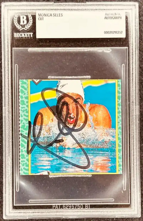 Monica Seles autographed tennis trading card, authenticated by Beckett, featuring vibrant poolside action.