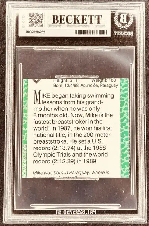 Mike the fastest breaststroker, Olympic record holder, Beckett authenticated card