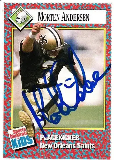 Morten Andersen autographed SI for Kids card - kicker for the New Orleans Saints, signed in blue Sharpie