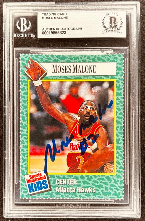 Moses Malone signed Hawks 1990 SI for Kids card BAS