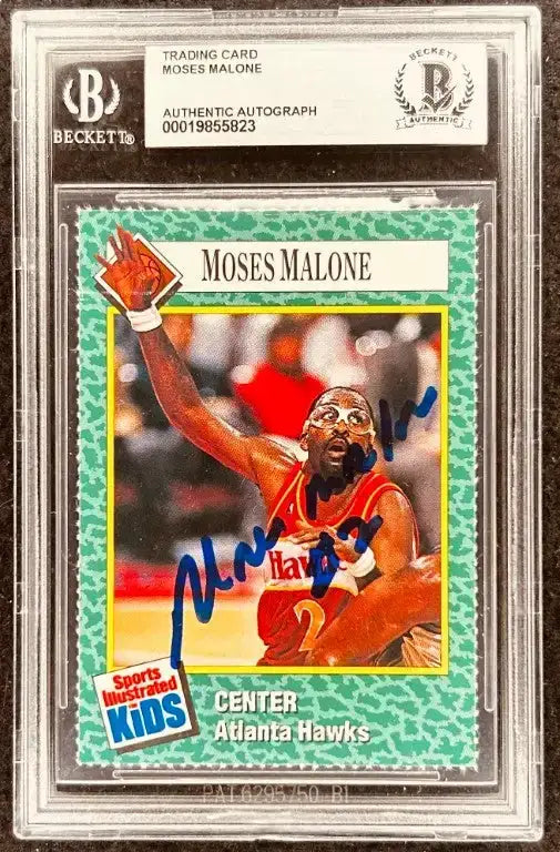 Moses Malone signed Atlanta Hawks 1990 SI for Kids card BAS slab - AutographsForSale.com