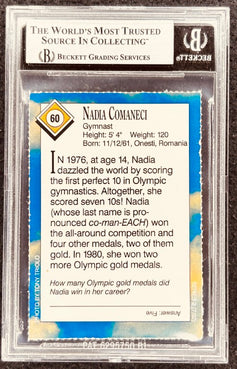 Nadia Comaneci Olympic gymnast trading card graded by Beckett, featuring her perfect 10 history and gold medals