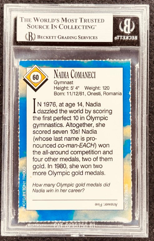 Nadia Comaneci Olympic gymnast trading card graded by Beckett, featuring her perfect 10 history and gold medals