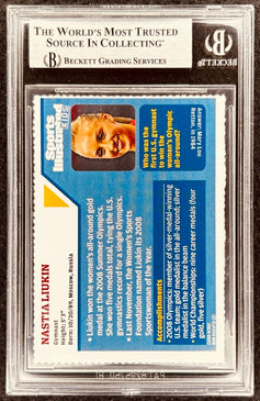 Nastia Liukin autographed sports card, graded by Beckett, featuring Olympic gymnastics achievements and trivia
