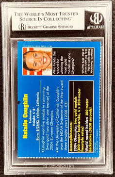 Natalie Coughlin autographed trading card, graded by Beckett, showcasing Olympic swimming achievements.