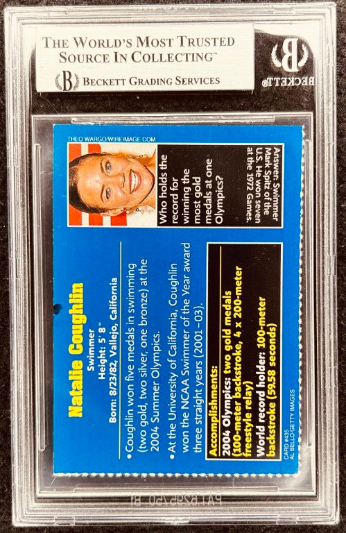 Natalie Coughlin autographed trading card, graded by Beckett, showcasing Olympic swimming achievements.