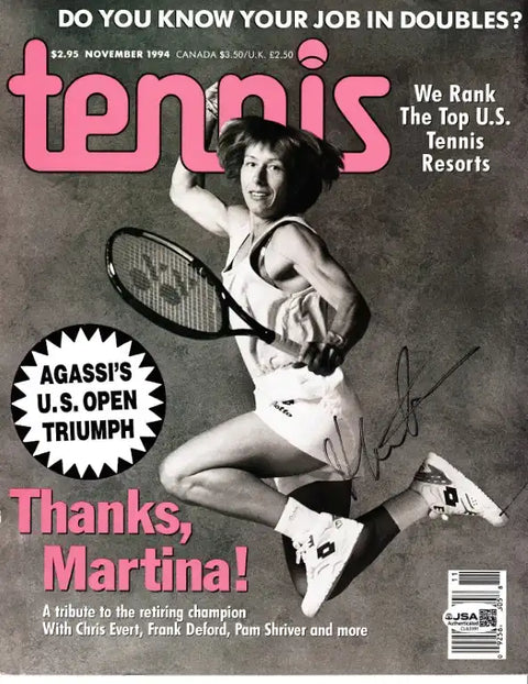 Signed Tennis magazine cover featuring Martina Navratilova, U.S. Open triumph tribute, JSA authenticated autograph