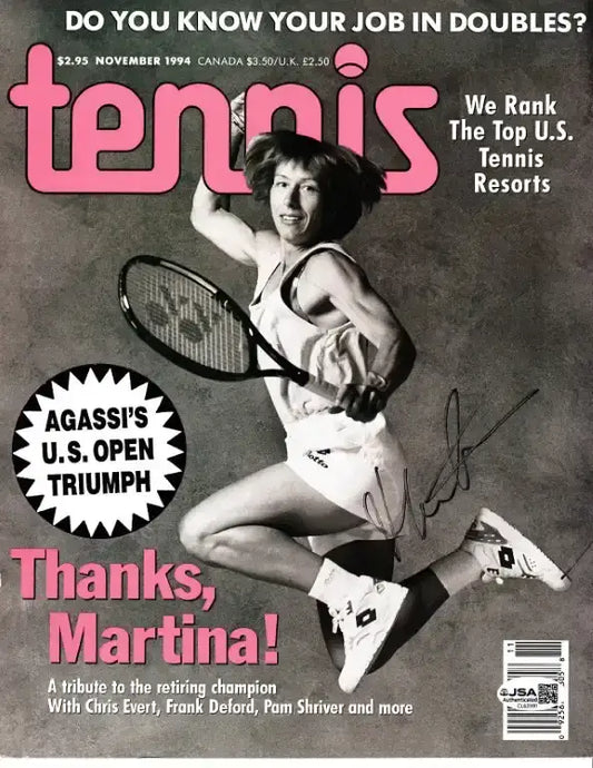 Signed Tennis magazine cover featuring Martina Navratilova, U.S. Open triumph tribute, JSA authenticated autograph