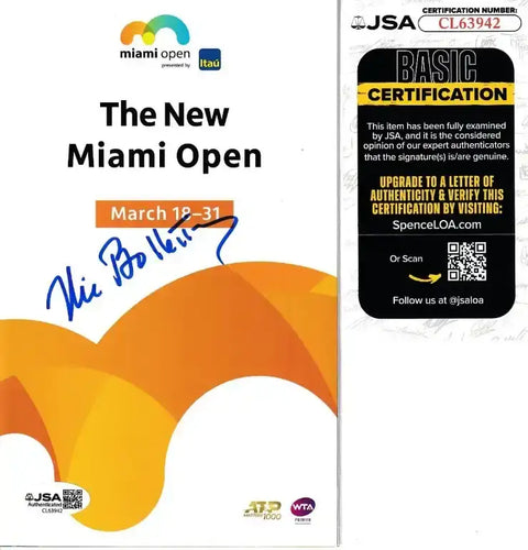 Nick Bollettieri autographed Miami Open program with JSA authentication, signed tennis memorabilia