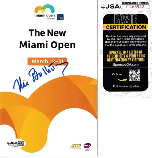 Nick Bollettieri autographed Miami Open program with JSA authentication, signed tennis memorabilia