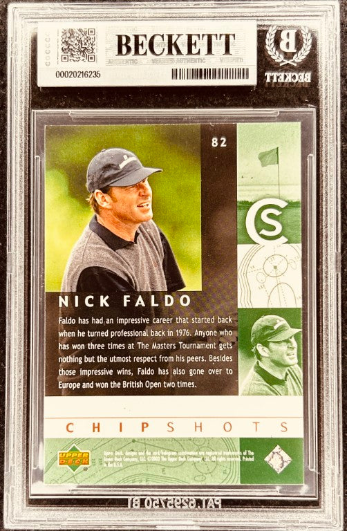 Nick Faldo golf autograph card, Beckett graded, Chip Shots series, signed memorabilia collectible