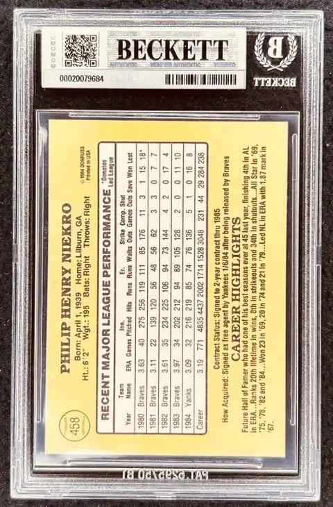 Philip Henry Niekro autographed baseball card, graded Beckett Authentic, MLB Hall of Fame pitcher stats