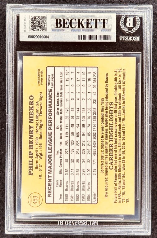 Philip Henry Niekro autographed baseball card, graded Beckett Authentic, MLB Hall of Fame pitcher stats