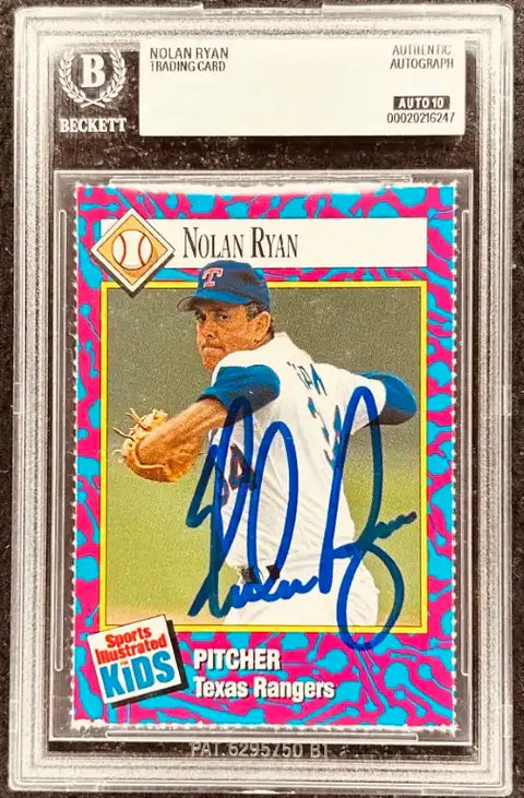 Nolan Ryan autographed Texas Rangers trading card, authenticated by Beckett, Sports Illustrated Kids edition