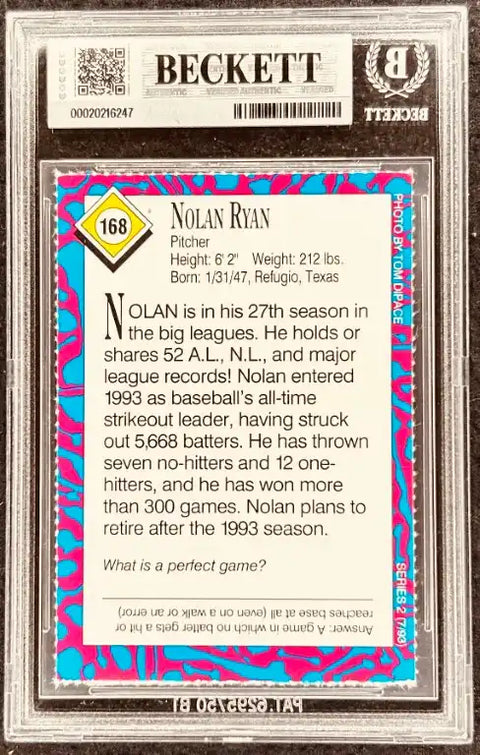 Nolan Ryan baseball card, Beckett graded, featuring stats and career highlights from his 27th season.