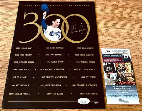 Nolan Ryan 300 Game Winners commemorative program with JSA certification card