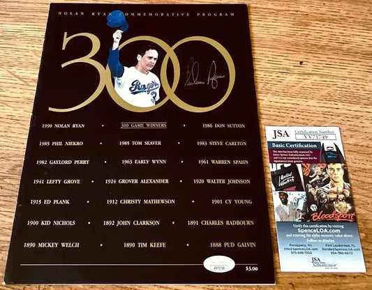 Nolan Ryan 300 Game Winners commemorative program with JSA certification card