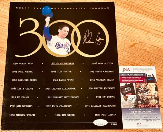 Nolan Ryan signed Texas Rangers 300th Win commemorative program JSA - AutographsForSale.com