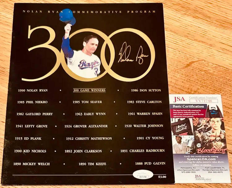 Nolan Ryan signed Texas Rangers 300th Win commemorative program JSA - AutographsForSale.com