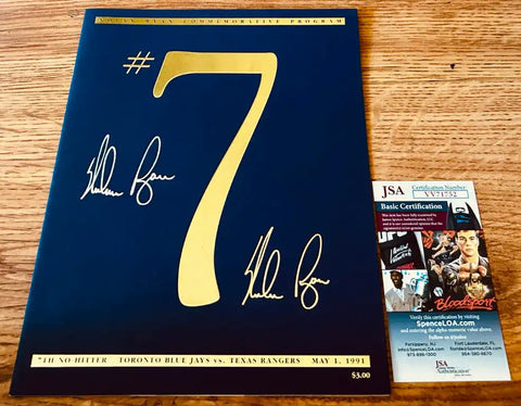 Autographed Nolan Ryan #7 commemorative program with JSA certification, Toronto Blue Jays vs. Texas Rangers, May 1, 1991