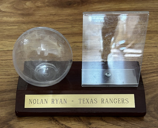 Nolan Ryan baseball and card display case with wood base - AutographsForSale.com