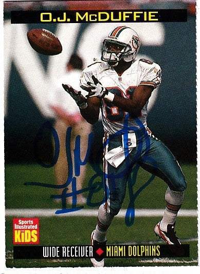 OJ McDuffie autographed SI for Kids card - wide receiver for the Miami Dolphins, signed in blue Sharpie