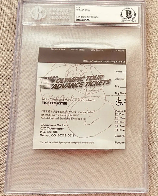 1998 Olympic Tour advance ticket signed by Oksana Baiul, authenticated in Beckett case
