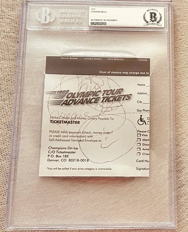 1998 Olympic Tour advance ticket signed by Oksana Baiul, authenticated in Beckett case