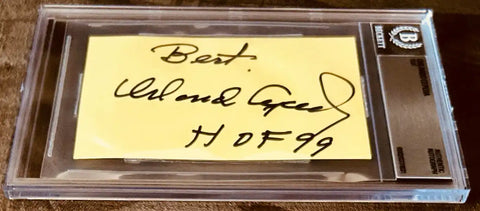 Autographed yellow note by Orlando Cepeda HOF 99, authenticated and slabbed in clear case
