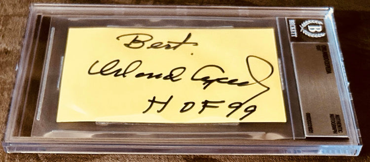 Autographed yellow note by Orlando Cepeda HOF 99, authenticated and slabbed in clear case