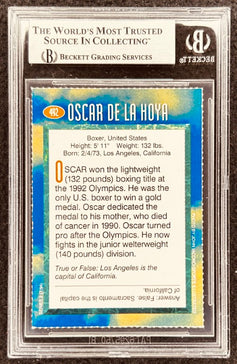 Oscar De La Hoya autographed boxing card graded by Beckett, featuring Olympic gold medalist stats and trivia