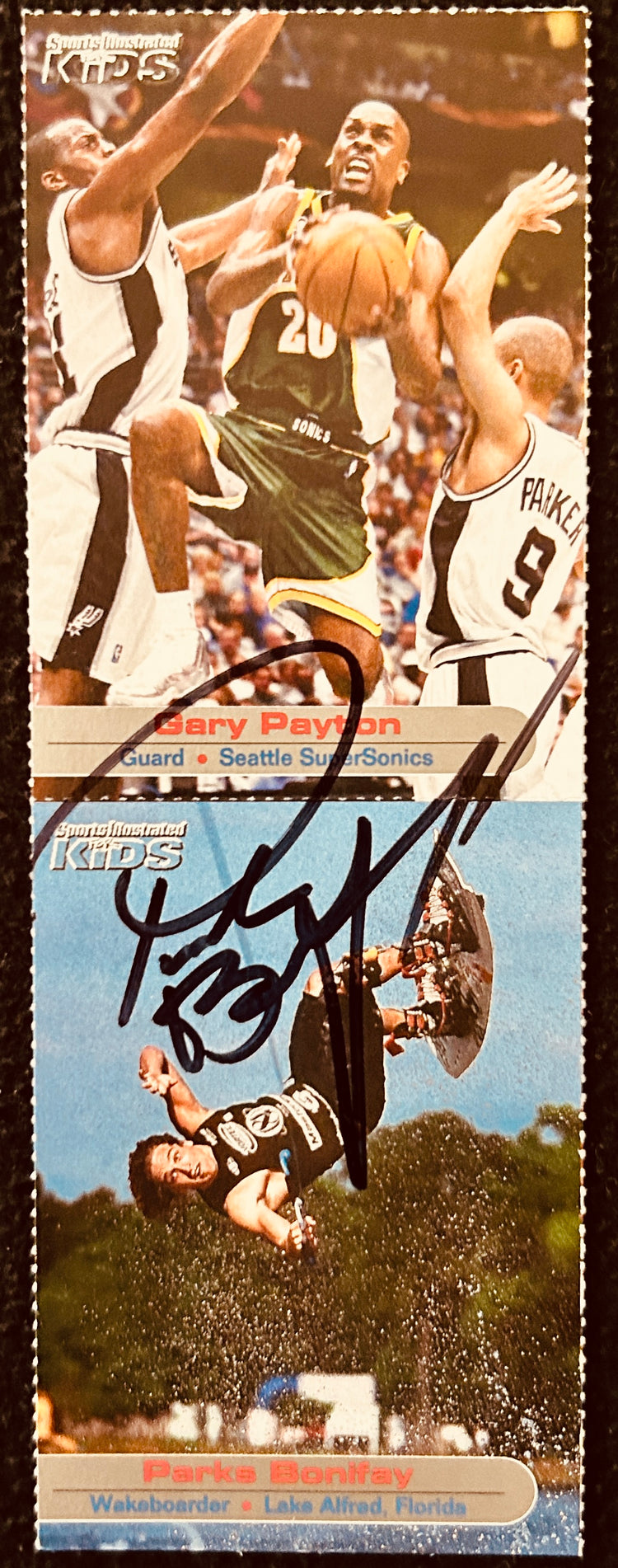 Sports Illustrated Kids autographed trading card with basketball game and wakeboarding action shots