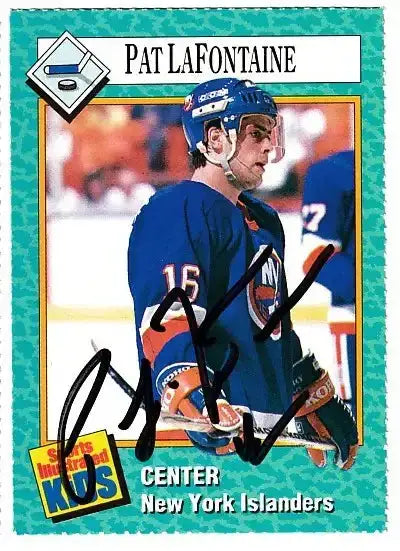 Pat LaFontaine autographed SI for Kids card - center for the Buffalo Sabres, signed in blue Sharpie