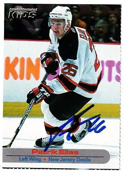 Patrik Elias autographed SI for Kids card - left wing for the New Jersey Devils, signed in blue Sharpie