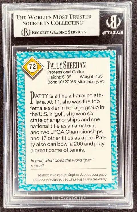 Patty Sheehan golf trading card graded by Beckett, featuring her stats and achievements as a professional golfer.