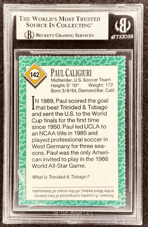 Paul Caligiuri soccer card, graded by Beckett, featuring U.S. Soccer Team stats and World Cup highlights