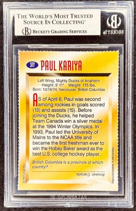 Paul Kariya signed Ducks 1995 SI for Kids card BAS (back)