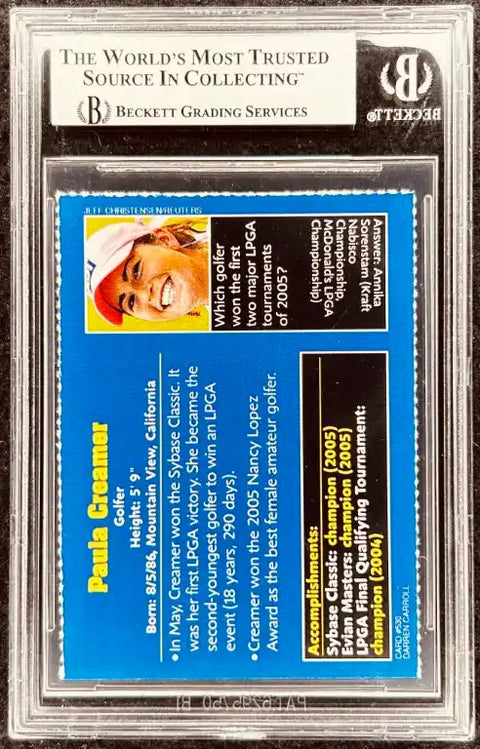 Paula Creamer golf card, Beckett graded, showcasing her 2005 LPGA achievements and Sybase Classic win.