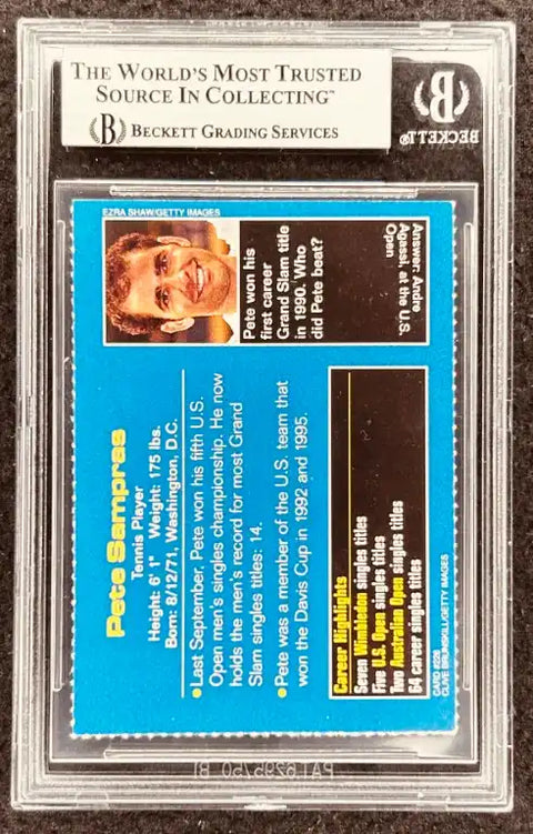 Pete Sampras tennis card graded by Beckett, featuring career stats and highlights, authentic collectible memorabilia