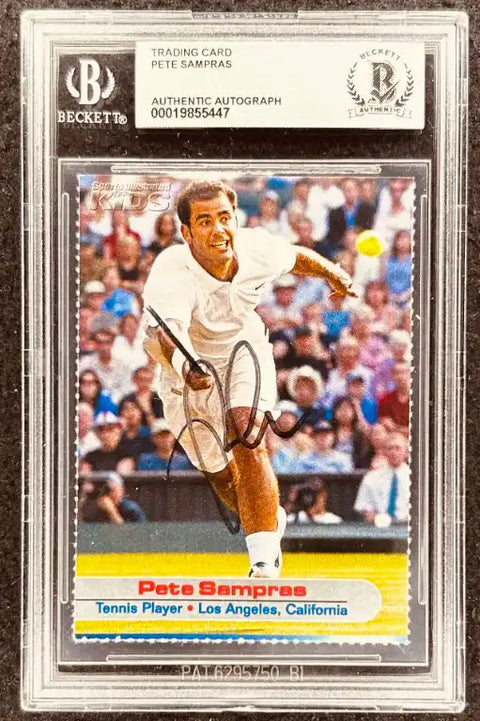 Pete Sampras tennis trading card, signed & Beckett authenticated, featuring action shot on court