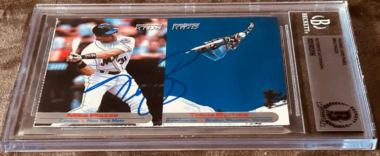 Mike Piazza & Tricia Byrnes autographed sports card panel, Beckett authenticated, MLB and snowboarding memorabilia